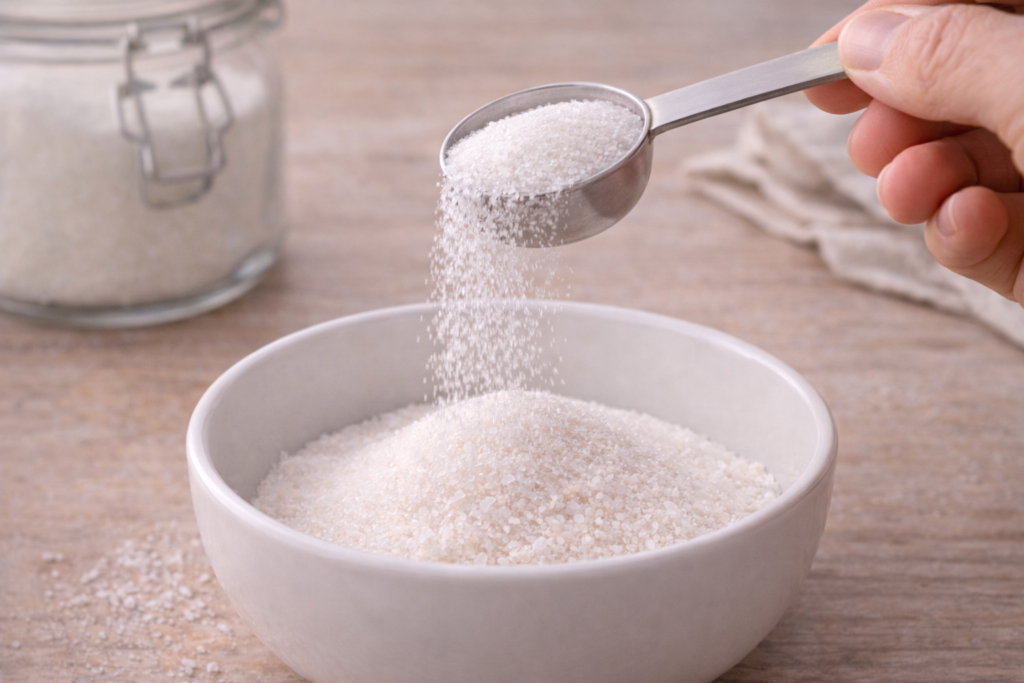 azúcar cayendo desde cucharadita medidora