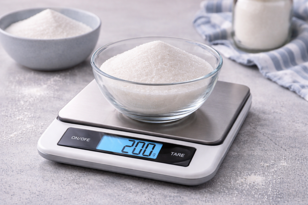 báscula digital de cocina pesando azúcar en gramos con recipiente de vidrio