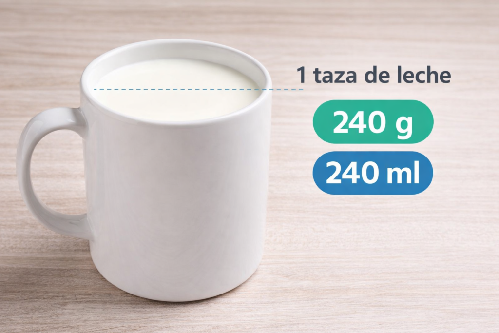 cuánto pesa una taza de leche en gramos y ml