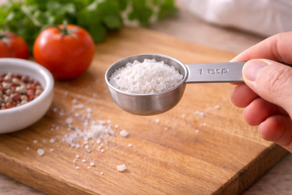 cucharadita medidora con sal para equivalencias en cocina