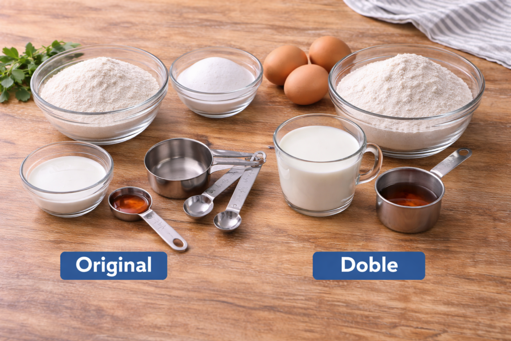 ingredientes de una receta en cantidad original y cantidad doble
