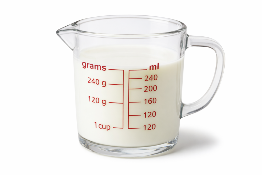 equivalencia de una taza de leche en ml y gramos