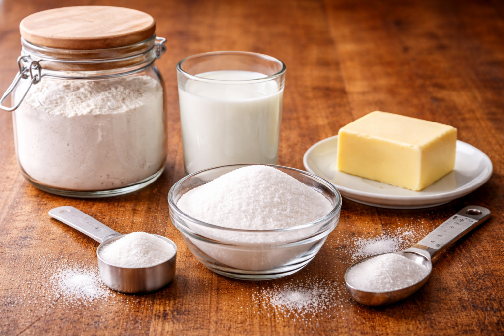 ingredientes alineados en cucharas y taza mostrando equivalencias para media taza