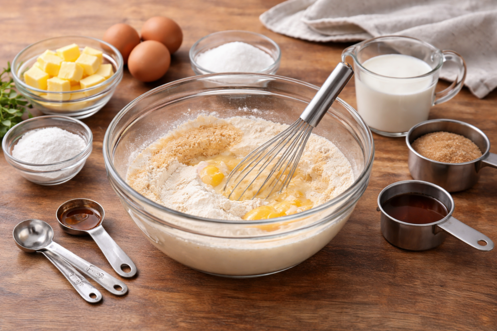 Bol grande mezclando ingredientes de repostería con varillas y utensilios de cocina