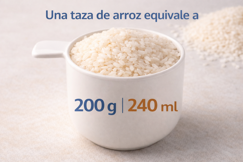 cuánto pesa una taza de arroz en gramos y ml