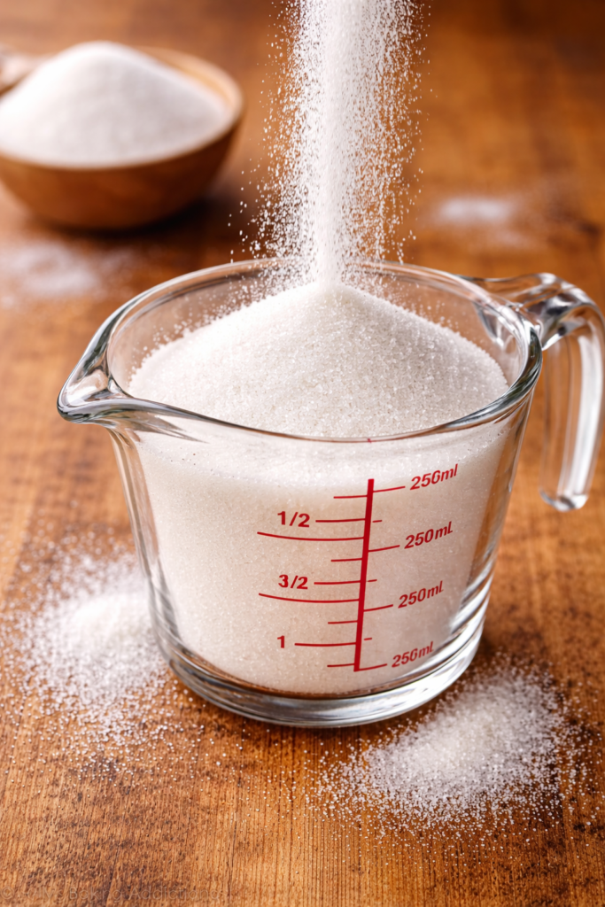 azúcar cayendo dentro de una taza medidora de cocina