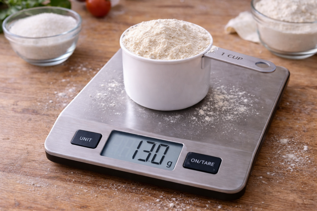 taza de harina sobre báscula digital mostrando equivalencia en gramos
