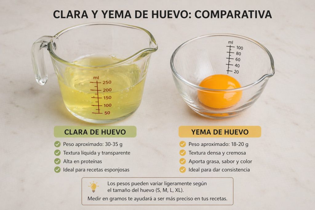 clara y yema separadas en recipientes para medir