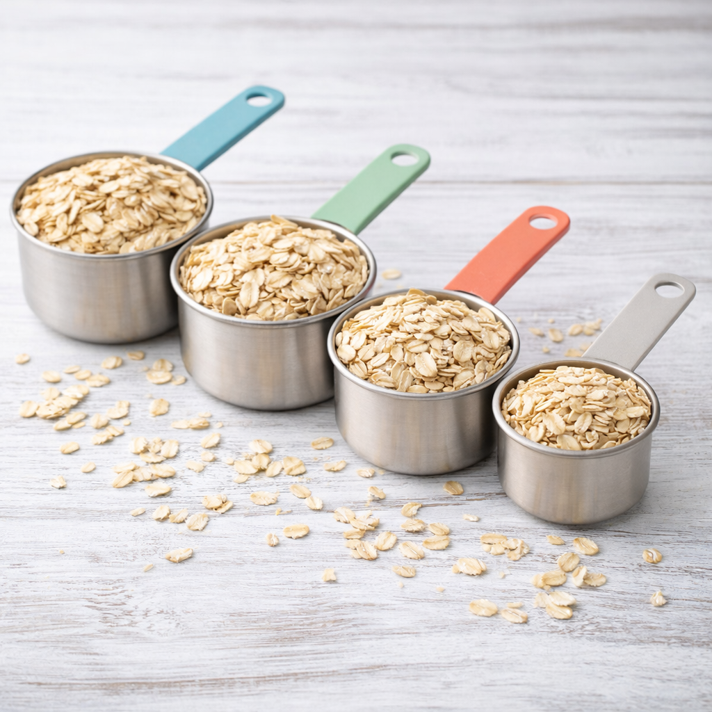 diferentes cantidades de avena medidas en tazas