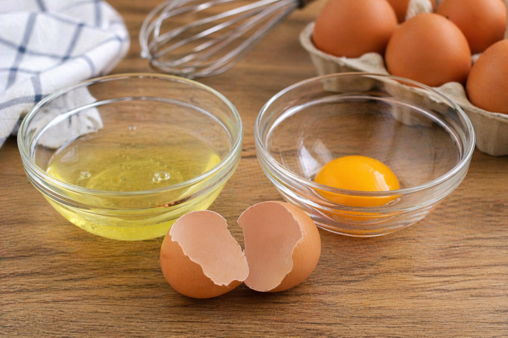 huevo abierto con clara y yema separadas en cocina