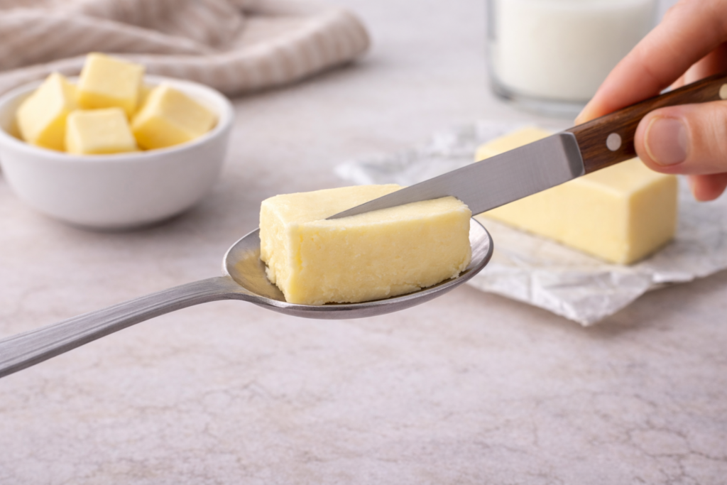 Nivelar mantequilla en una cuchara con cuchillo para medir sin báscula