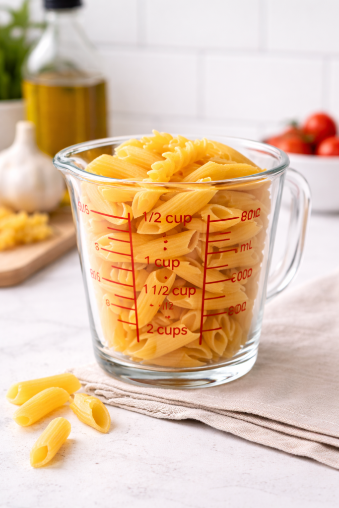 pasta seca en vaso medidor equivalencia gramos