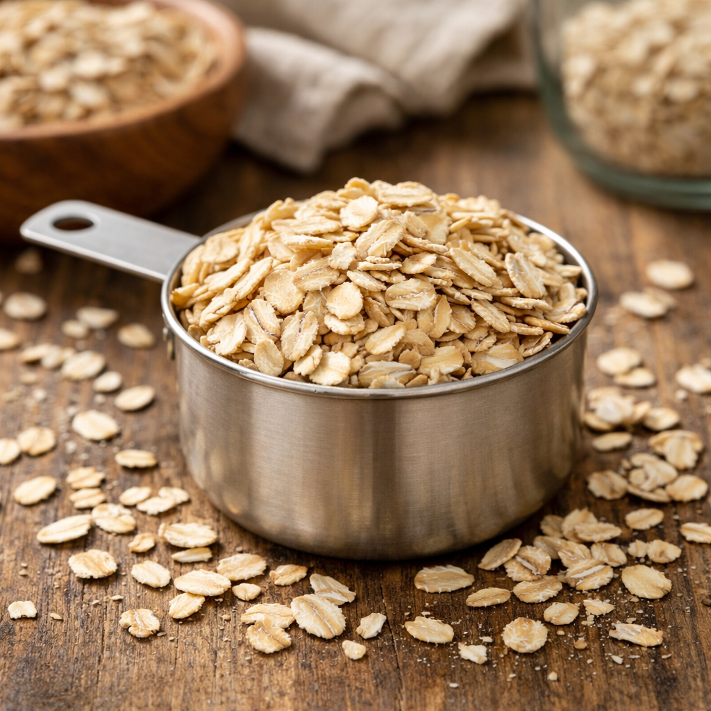taza medidora llena de avena en copos sobre encimera de cocina