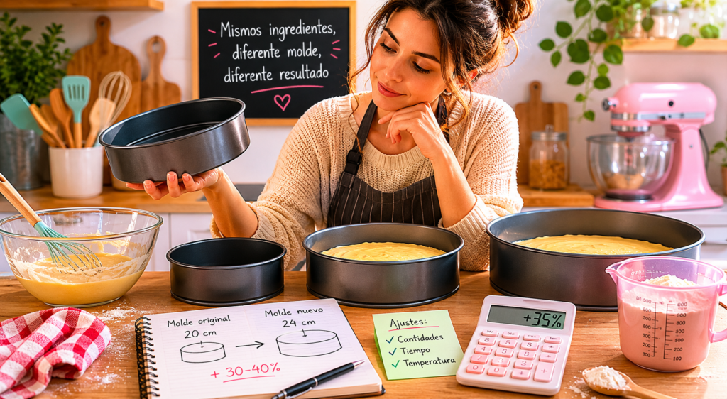 Persona preparando una receta mientras compara moldes de diferentes tamaños.