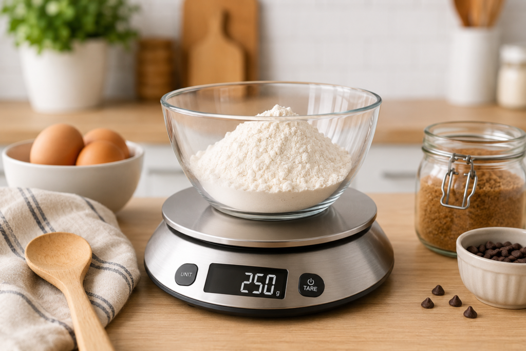 Báscula de cocina digital pesando harina en una cocina moderna