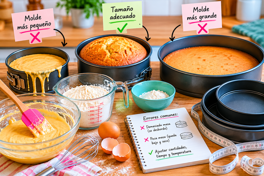 Moldes de distintos tamaños junto a ingredientes y masa de repostería.