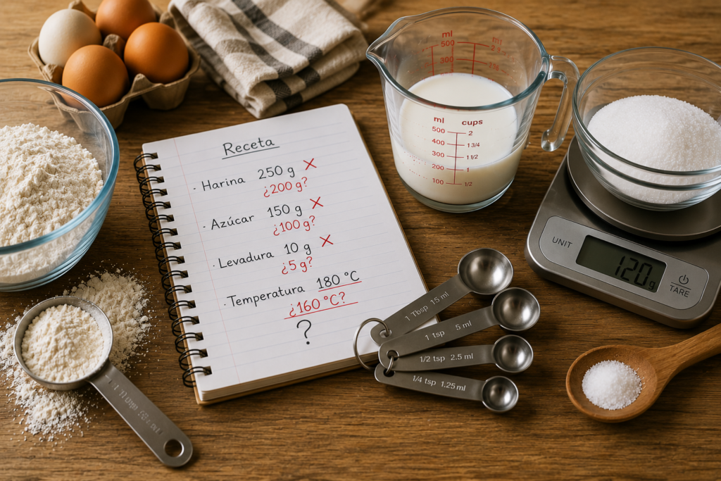 Ingredientes, medidas y utensilios con dudas y correcciones en una receta