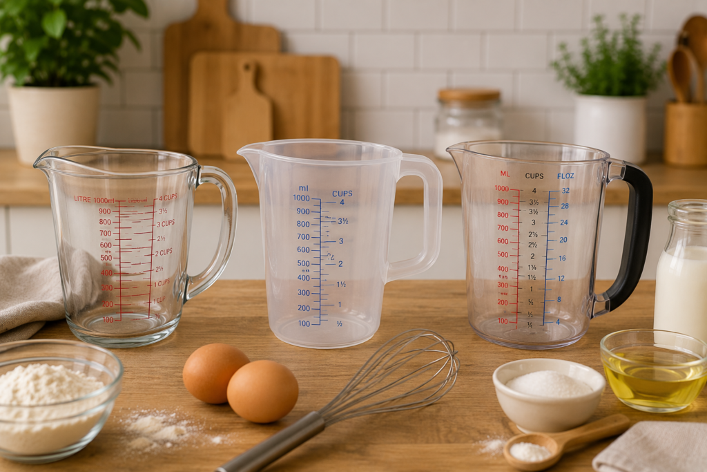 Jarras medidoras de cristal, plástico y uso profesional para cocinar
